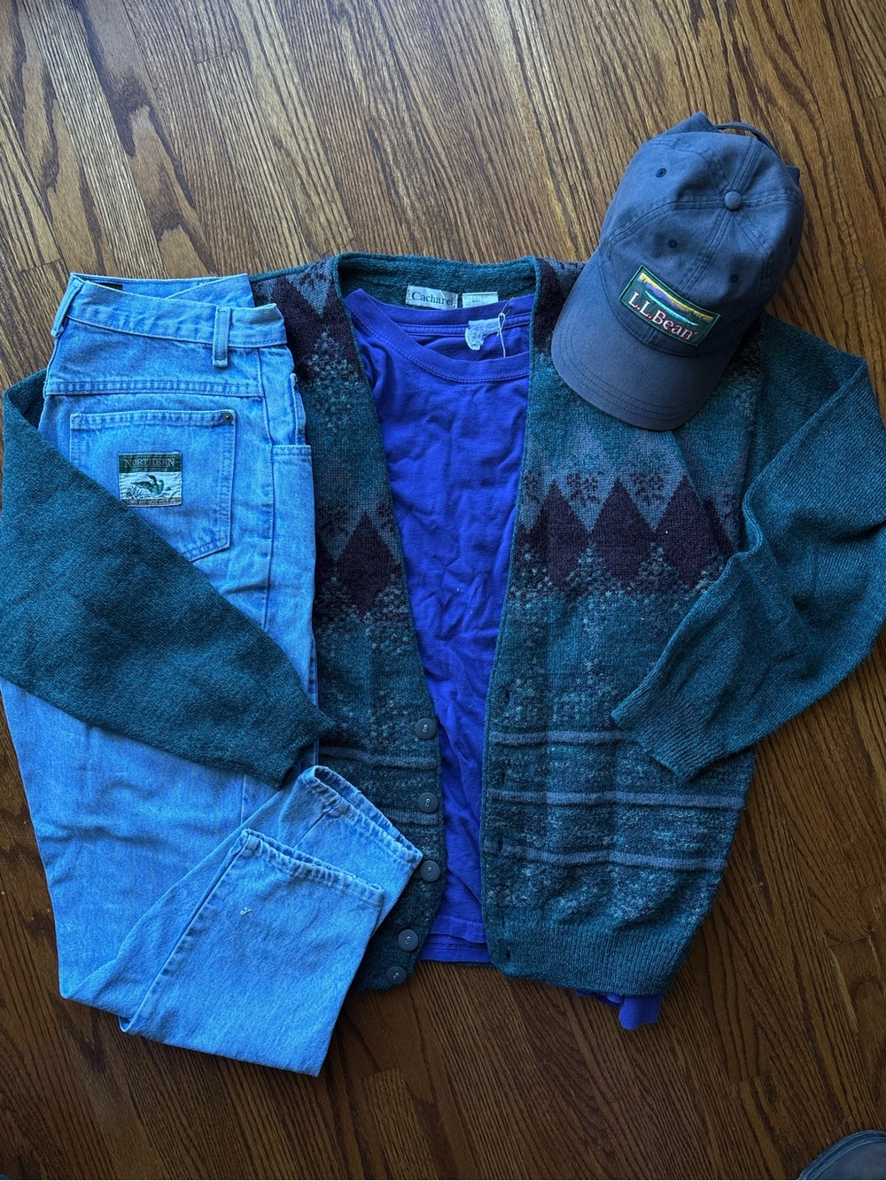 L.L. Bean Men's Teal Green Diamond-Patterned Cardigan Sweater